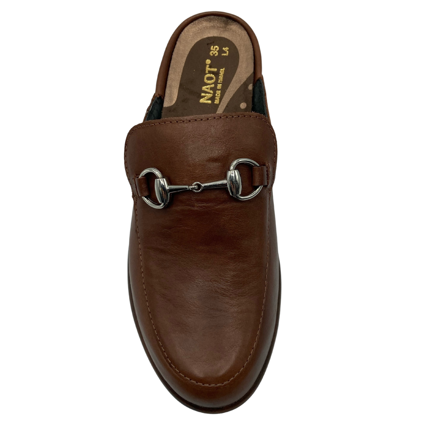 Top view of brown leather slide with silver bit detail on upper and leather lining