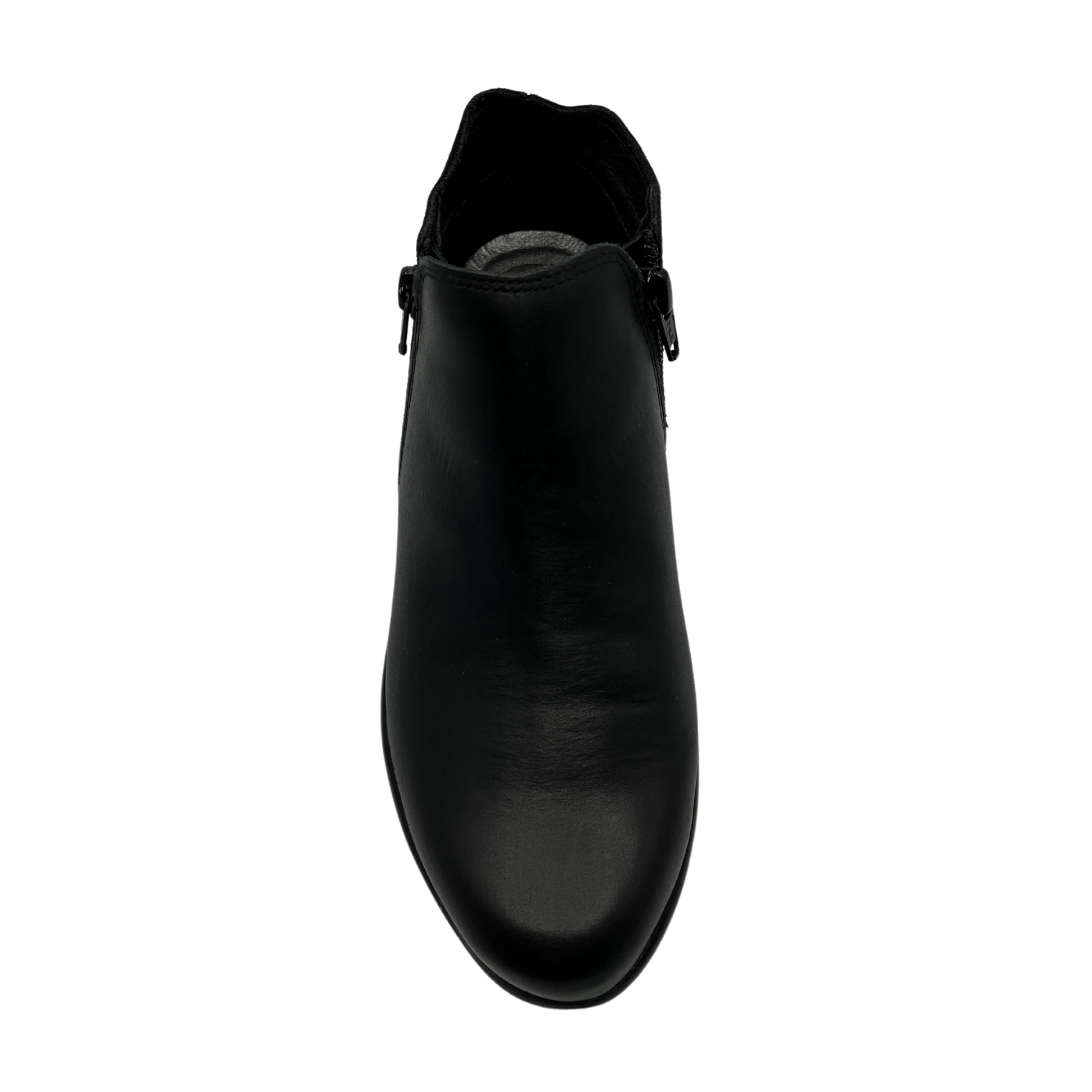 Top view of black leather short boot with black suede back half and double zipper closure