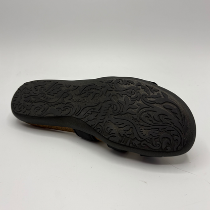 Black sandal sole with detailed tread pattern on a white background