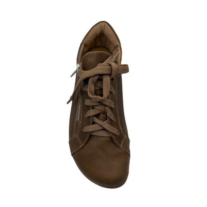 Top view of bark nubuck leather sneakers with laces and side zipper closure. lightweight outsole, padded tongue and heel cup.