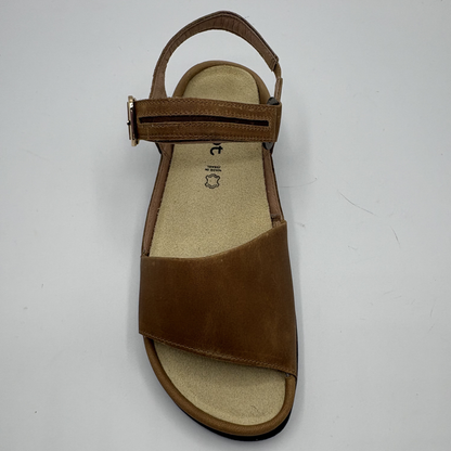 Top view of a brown adjustable strap sandal