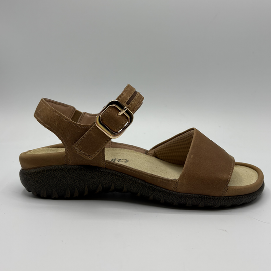 View of a brown adjustable strap sandal
