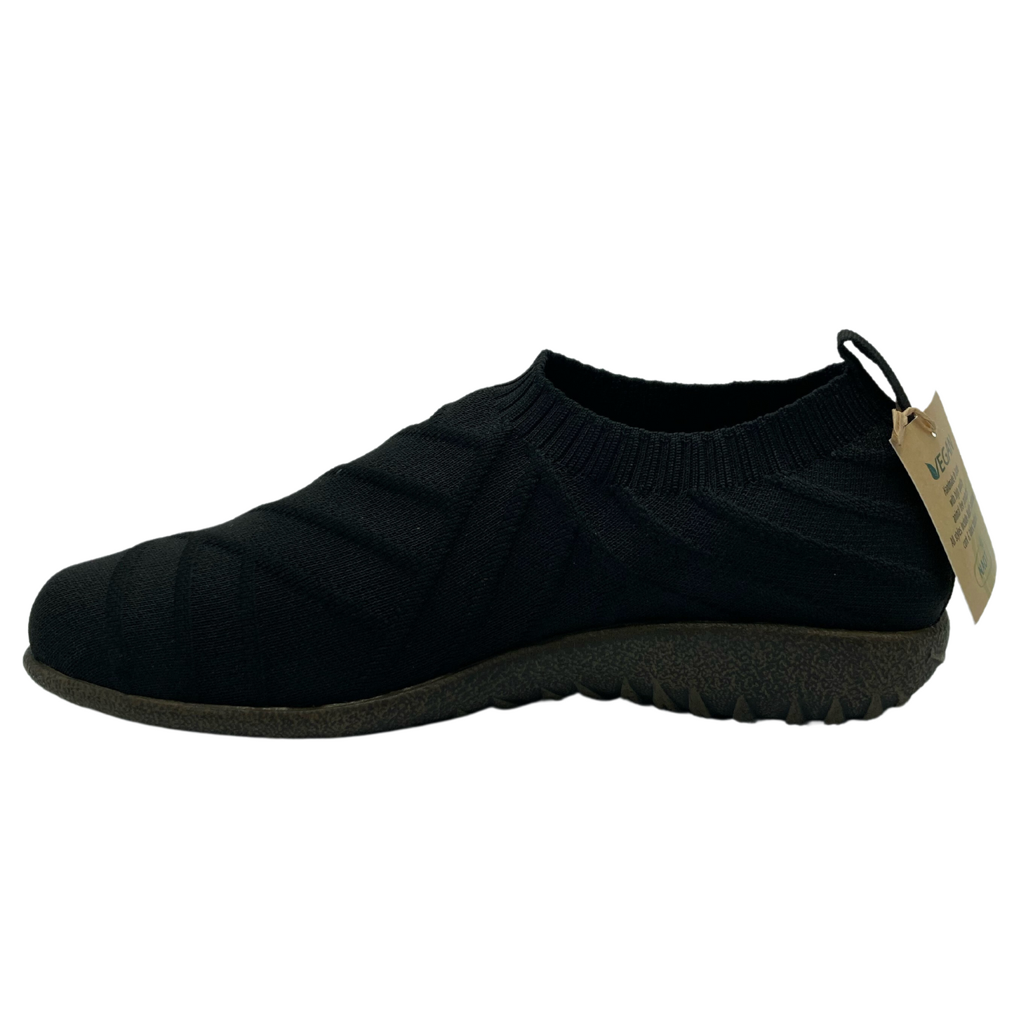 Left facing view of black, knit slip on sneaker with polyurethane sole