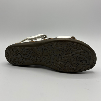 Close-up of a sandal sole with detailed tread pattern on a gray background