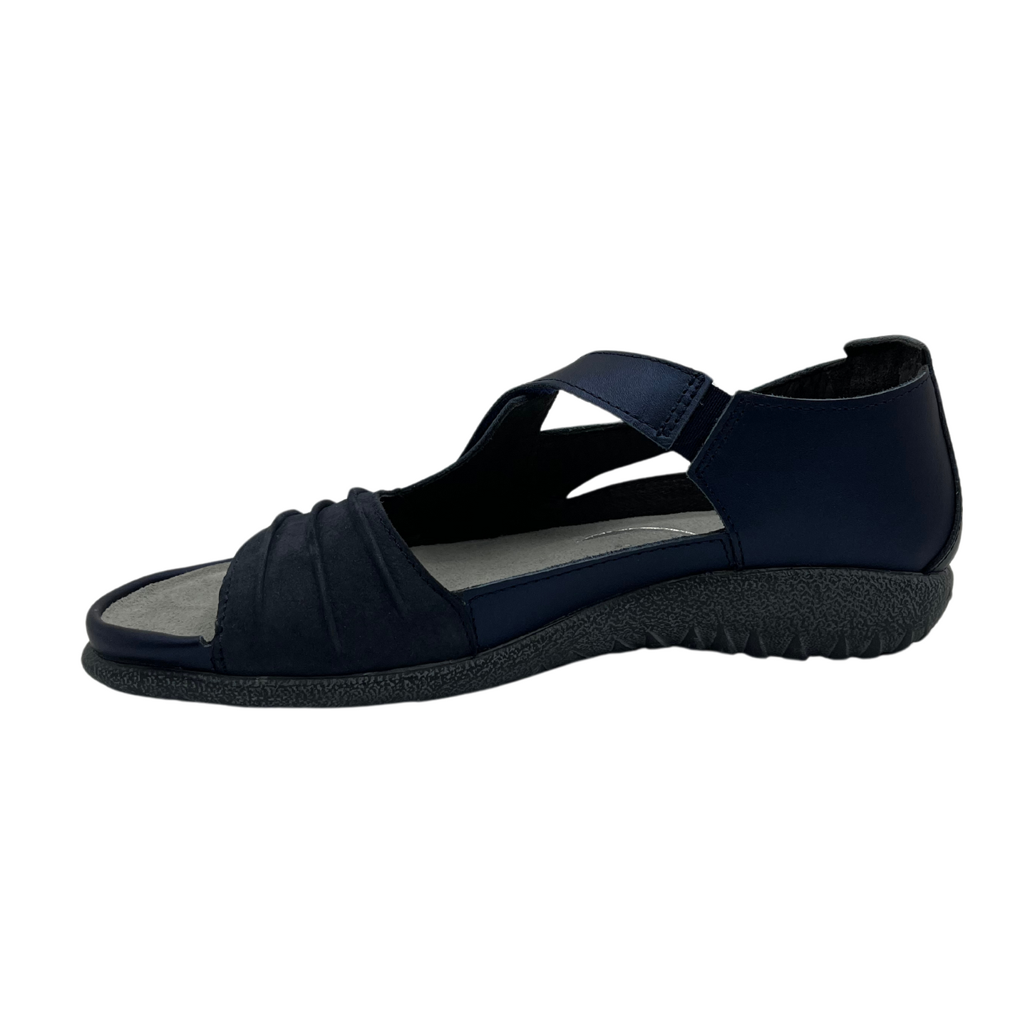 Left view of navy leather sandal with cross over velcro strap and open toe