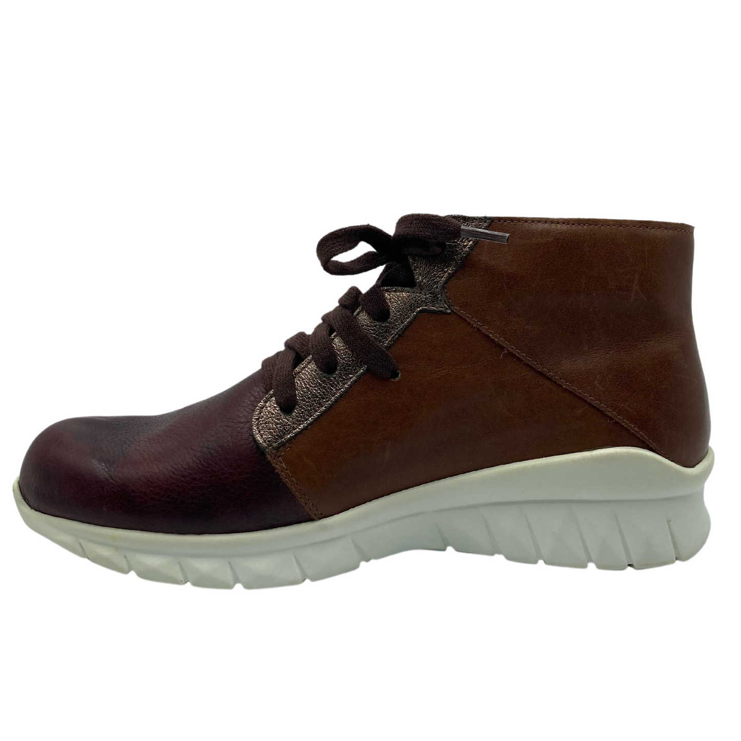 Left facing view of brown leather, ankle height sneaker with white sole and brown laces