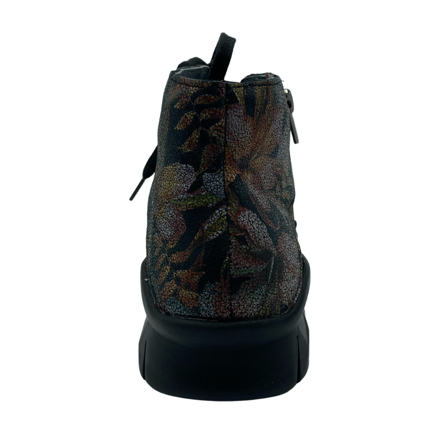 Back view of black floral leather sneaker with black sole and laces