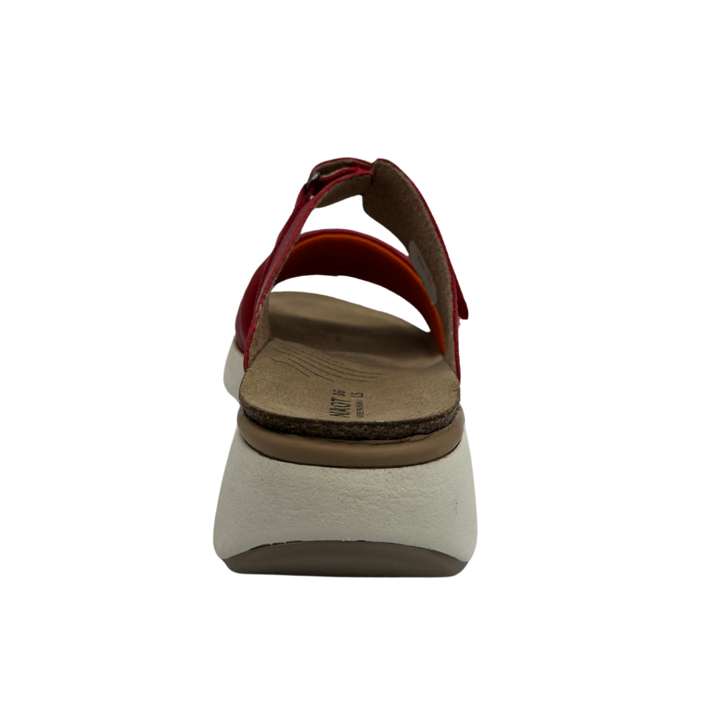 Back view of red leather slip on sandal with white rubber outsole, padded front strap and open toe