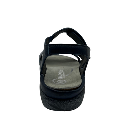 Back view of navy leather sandal with 3 velcro straps, wedge sole and metallic detail