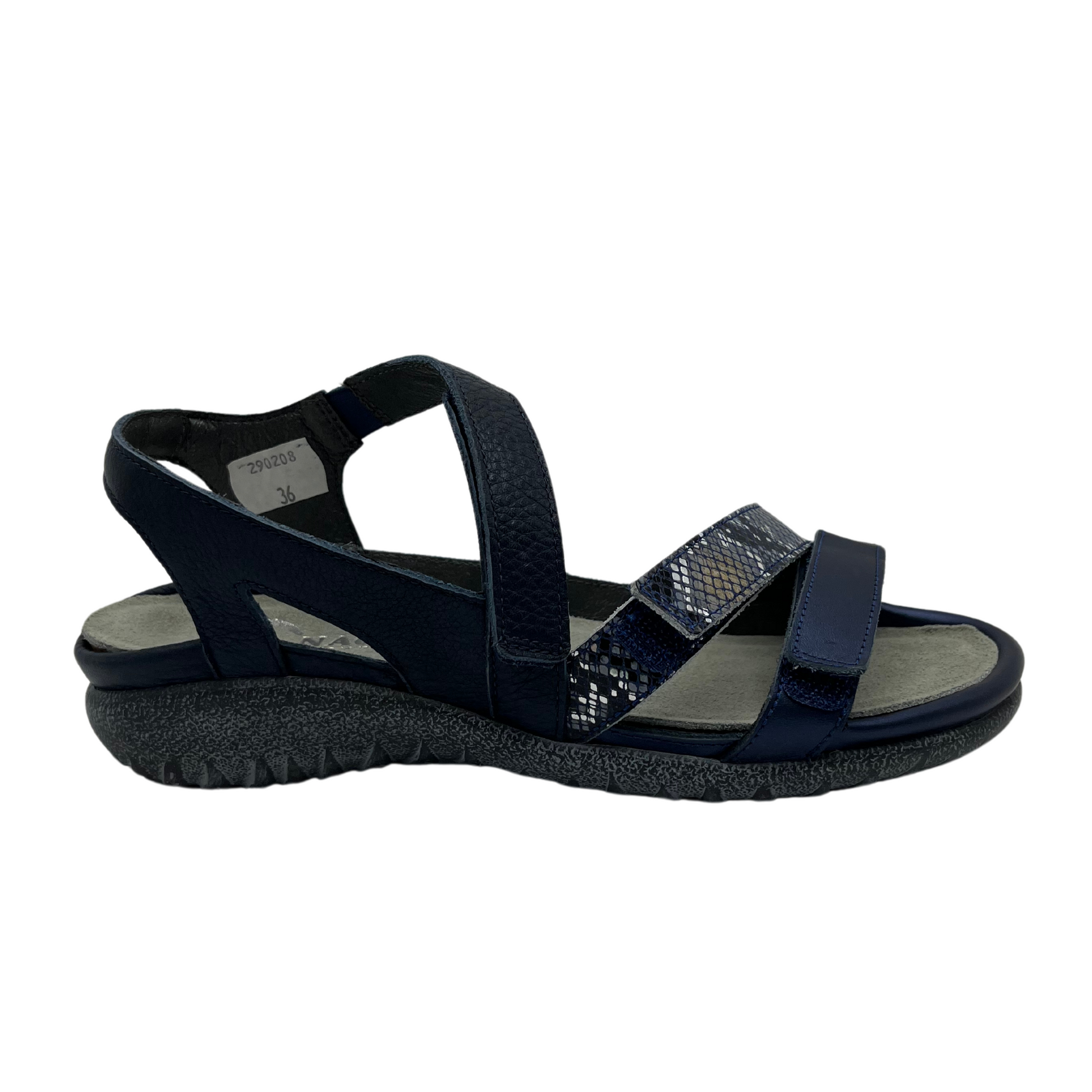 Right facing view of navy leather sandal with 3 velcro straps, wedge sole and metallic detail
