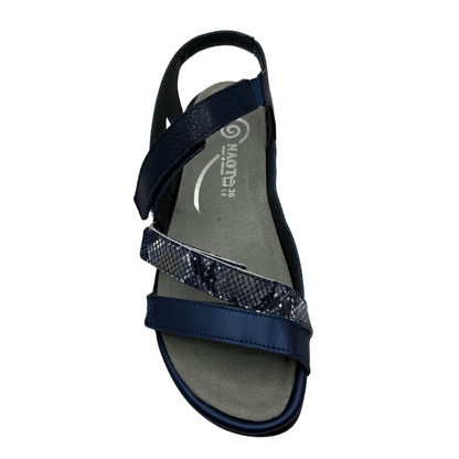 Top view of navy leather sandal with 3 velcro straps, wedge sole and metallic detail