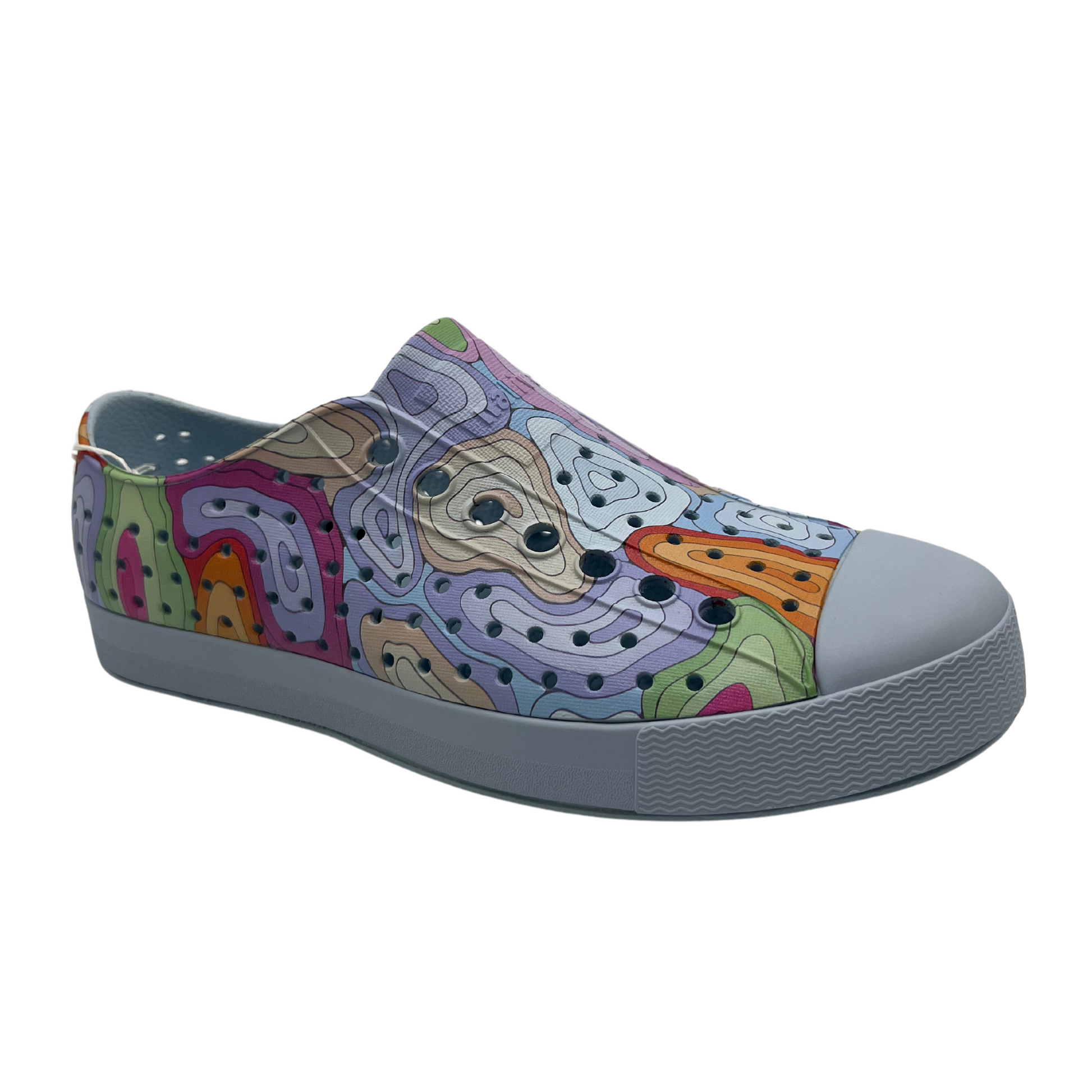 45 degree angled view of colourful EVA slip on shoes with rounded toe and perforated upper