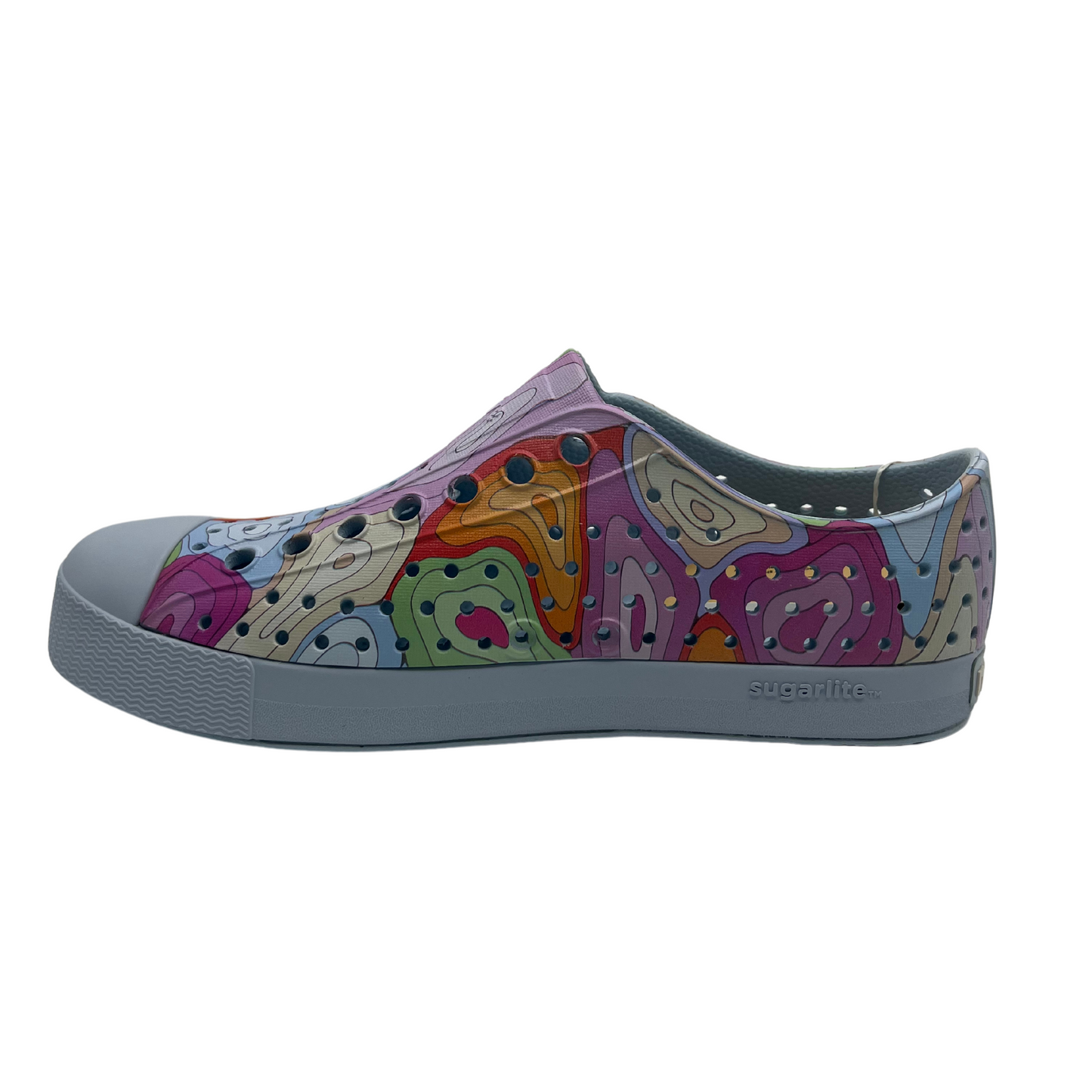 Left facing view of colourful EVA slip on shoes with rounded toe and perforated upper
