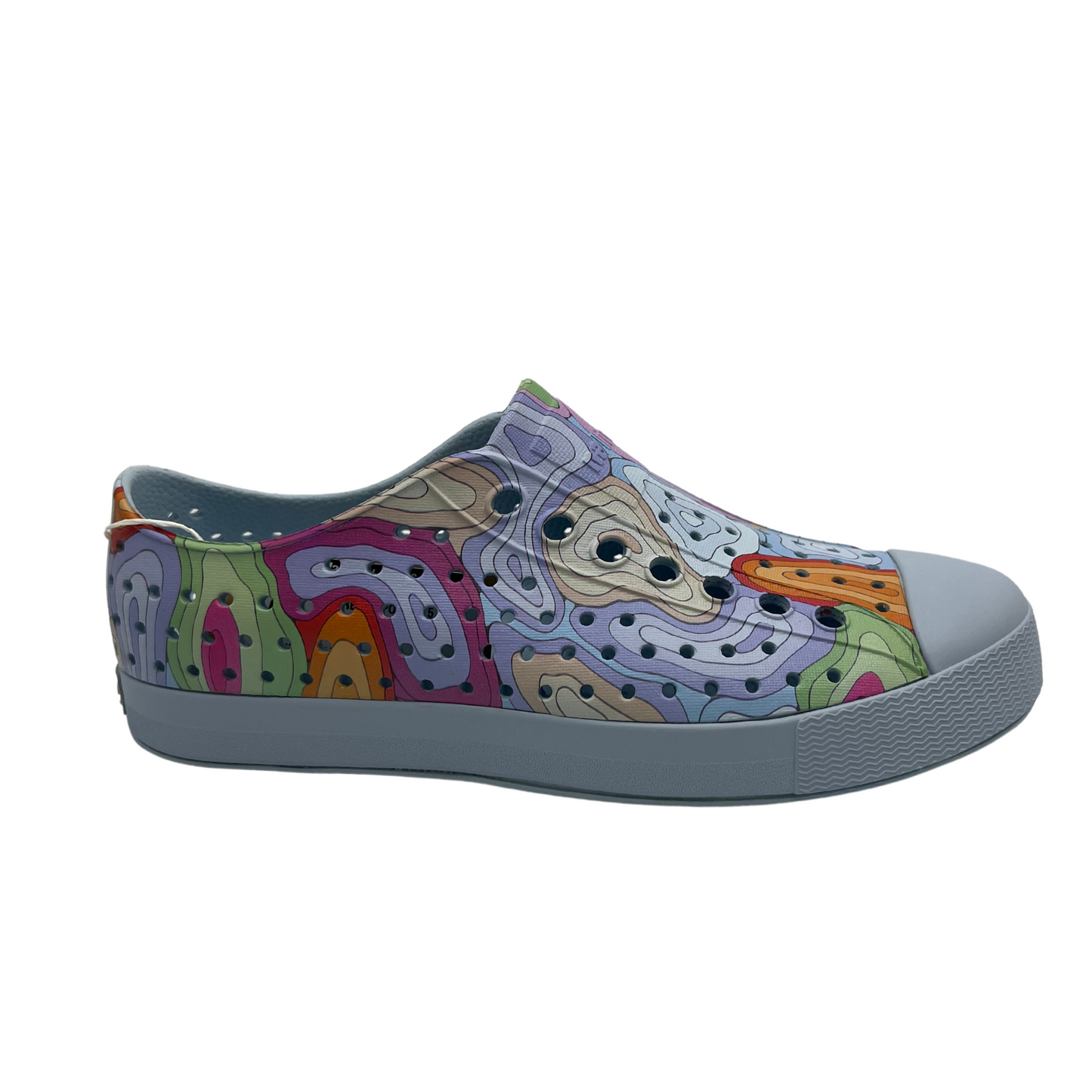 Right facing view of colourful EVA slip on shoes with rounded toe and perforated upper