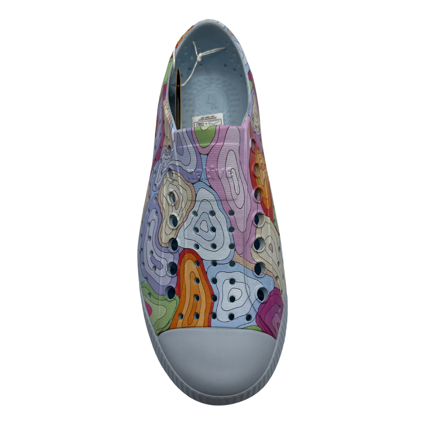 Top view of colourful EVA slip on shoes with rounded toe and perforated upper