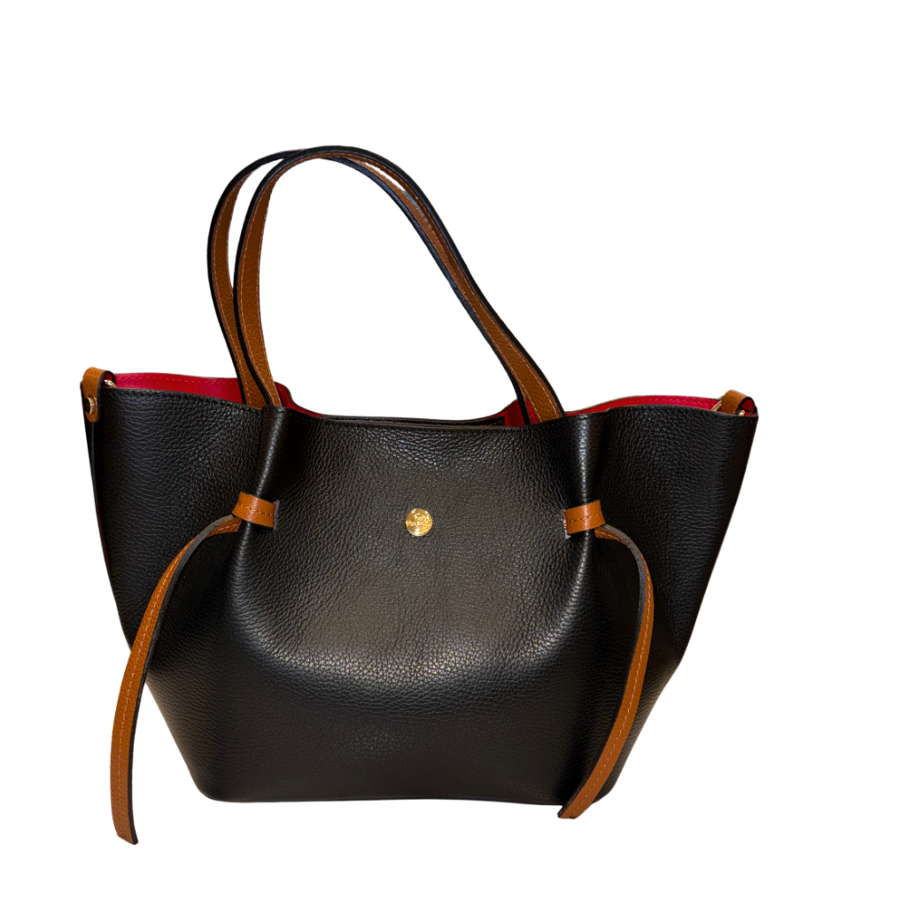 Black handbag with brown straps on a white background