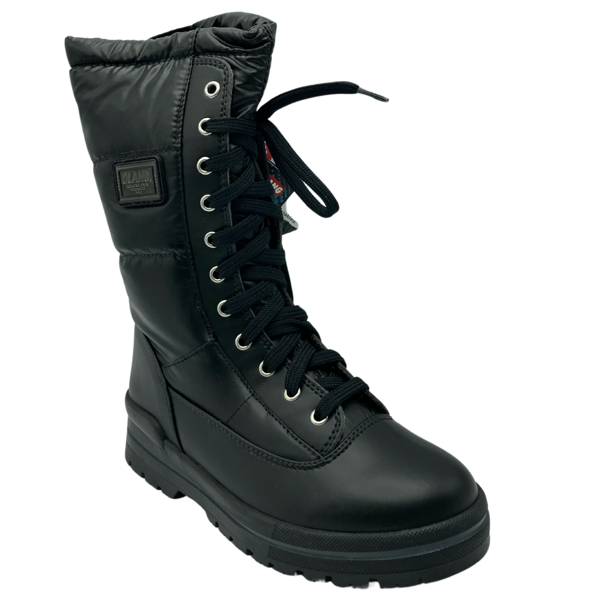 45 degree angled view of black boot with black lace up closure and rubber outsole