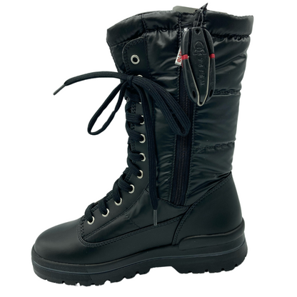 Left facing view of black cold weather boot with black rubber outsole