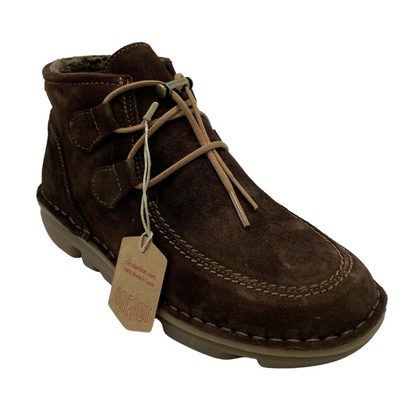 45 degree angled view of brown suede short boot with tan stitching and cord laces