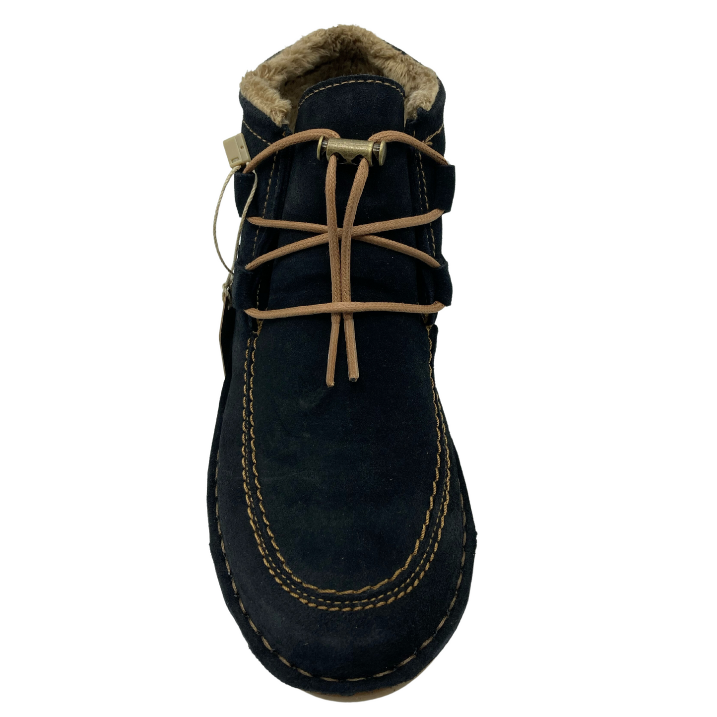 Top view of blue suede short boots with fur lining and pull cord laces