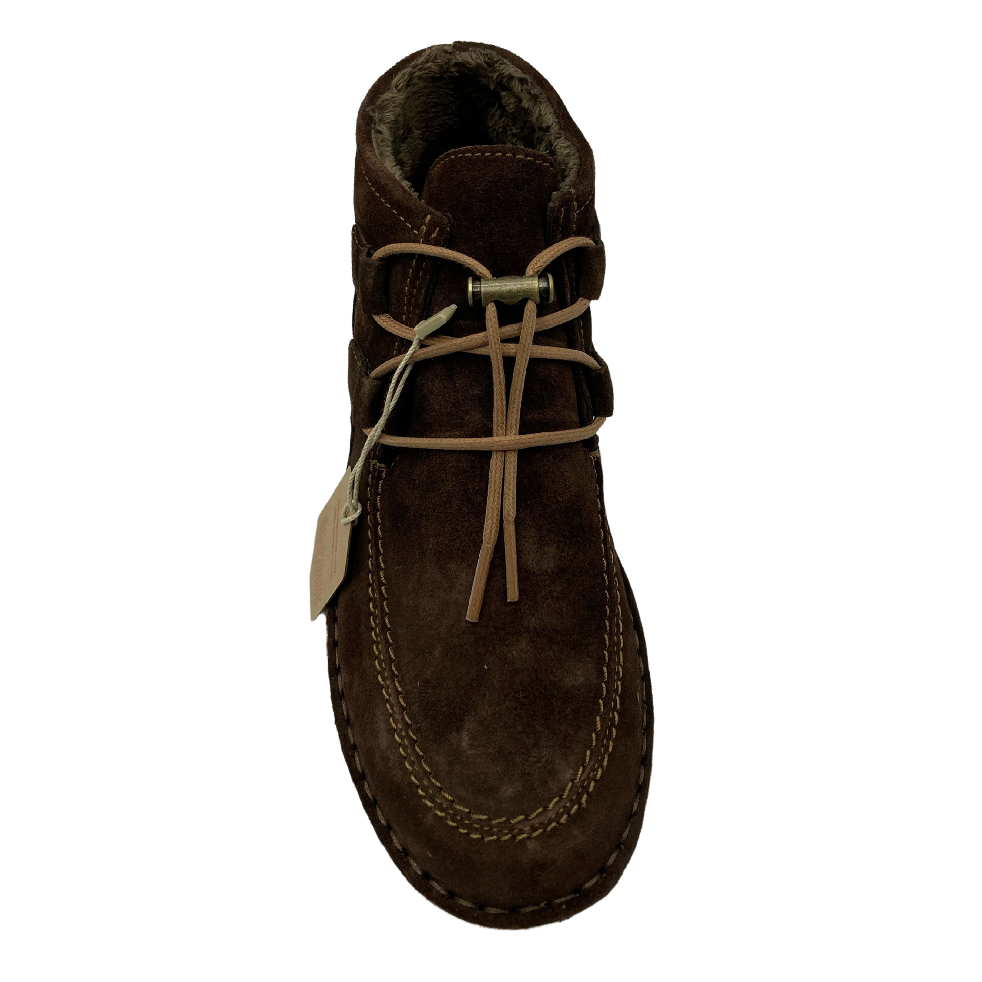 Top view of brown suede boot with tan cord laces and rounded toe