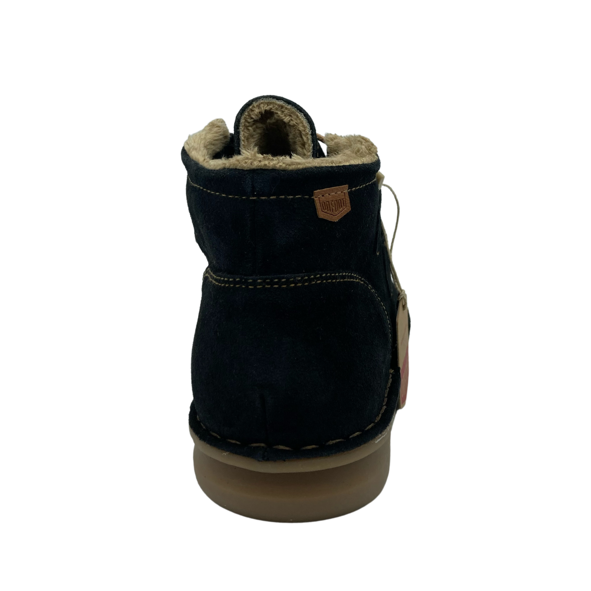 Hind view of blue short boot heel with tan stitching and light brown rubber sole