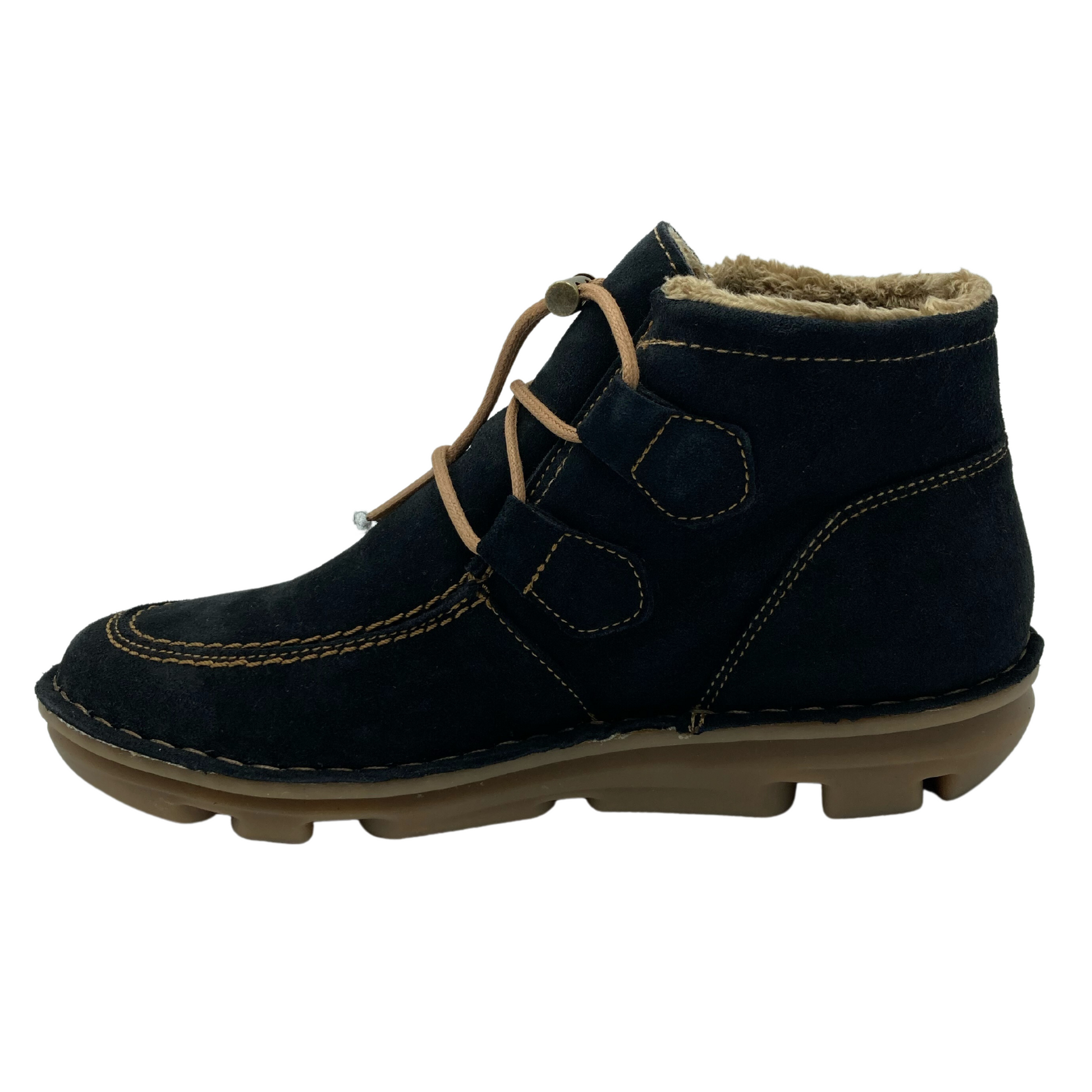 Left facing view of blue suede short boot with light brown rubber sole. This boot has tan pull cord laces