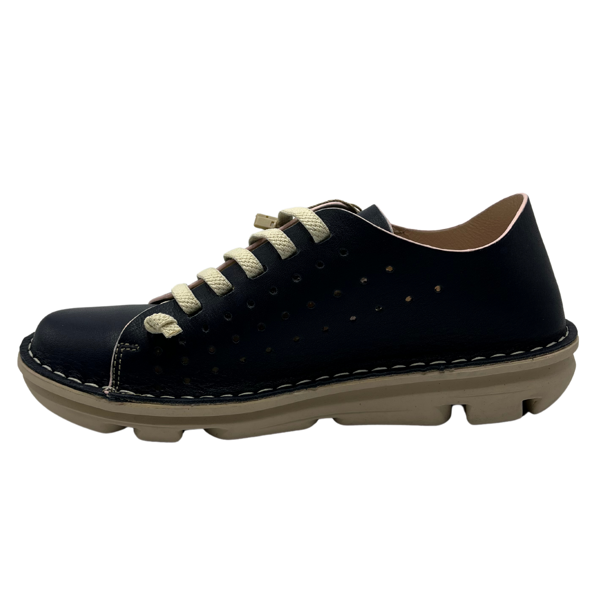 Left facing view of a navy perforated leather sneaker with cream laces and matching rubber outsole.