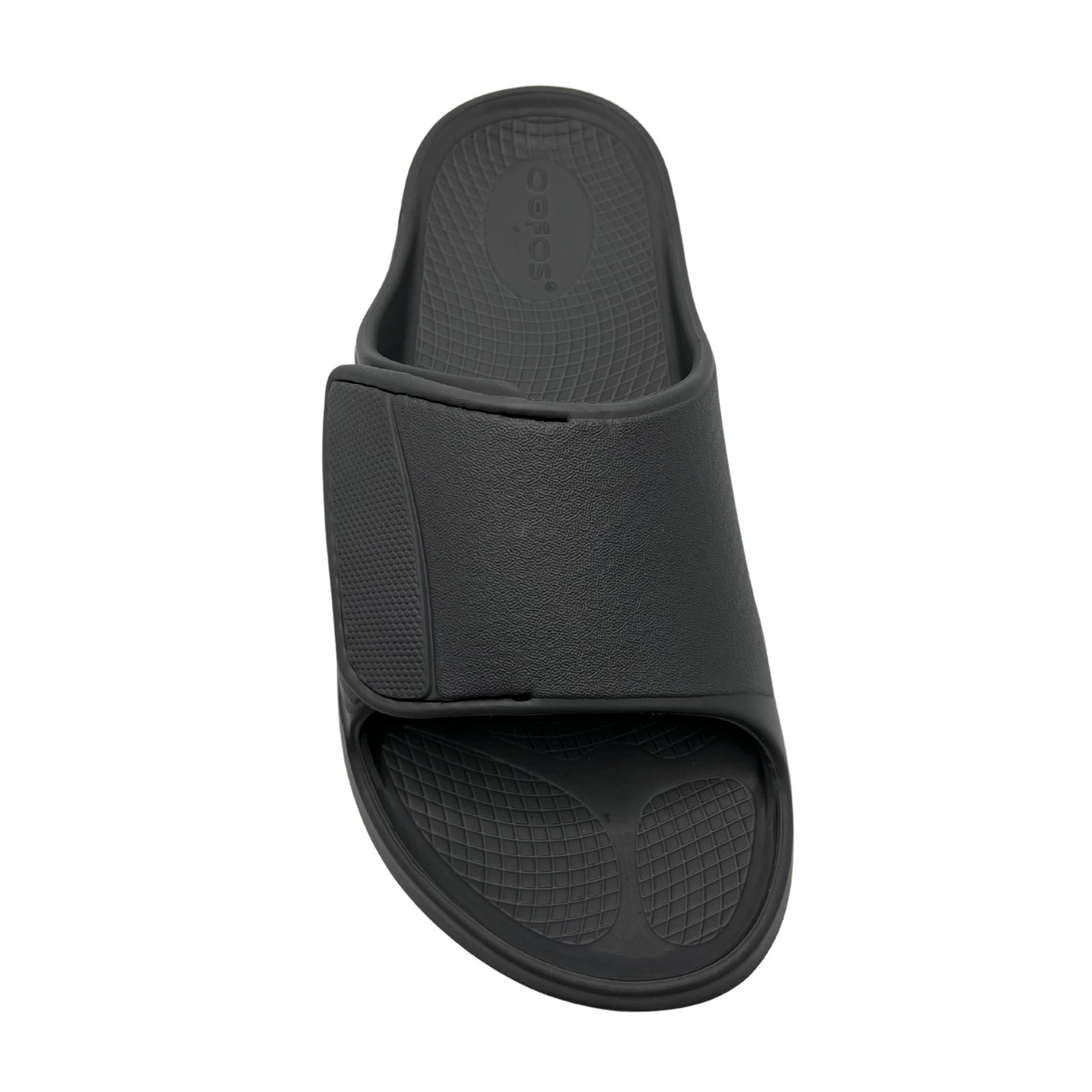 Top view of slate grey slip on sandal with foam footbed and strap with adjustable velcro