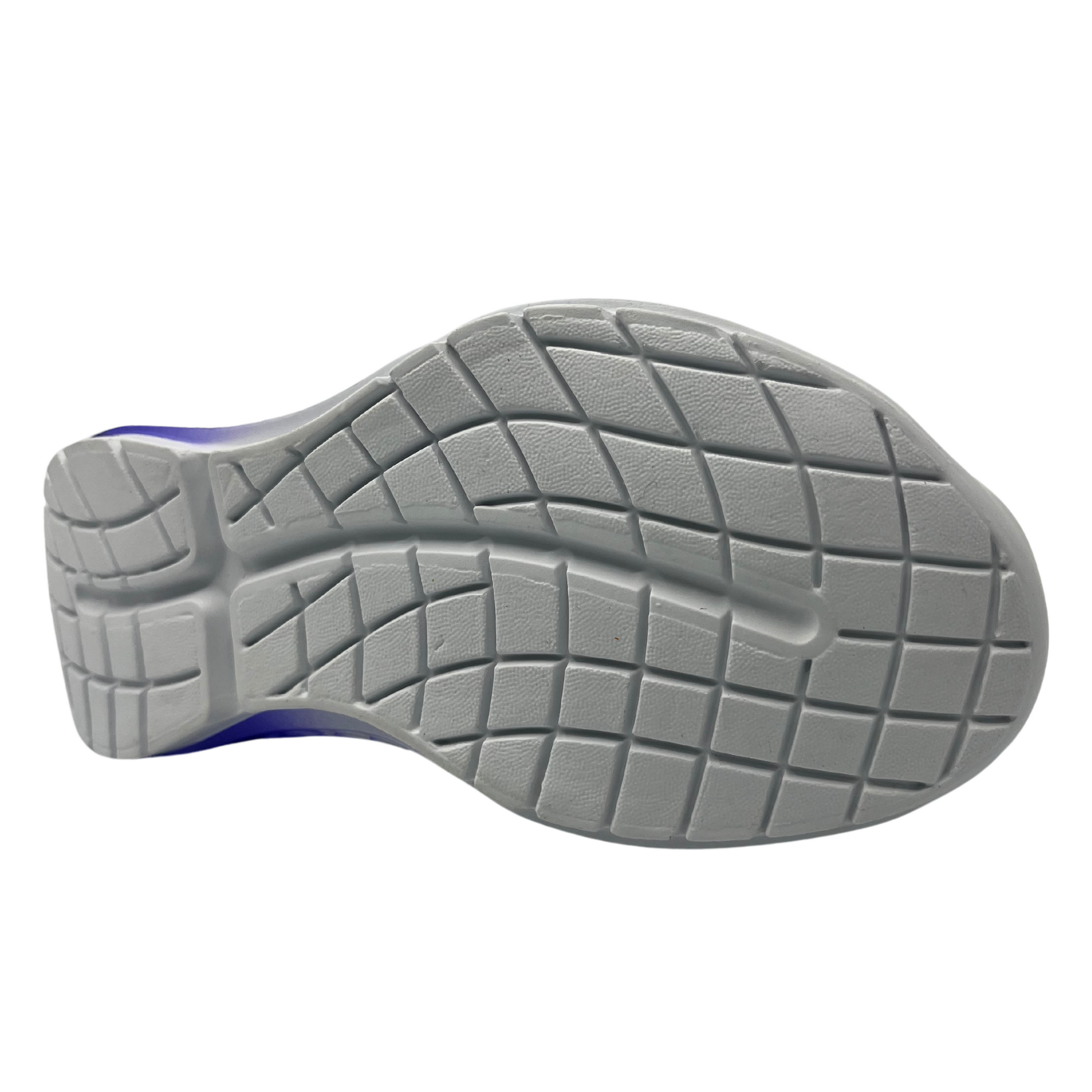 Bottom view of mesh sneaker with purple and white gradient outsole