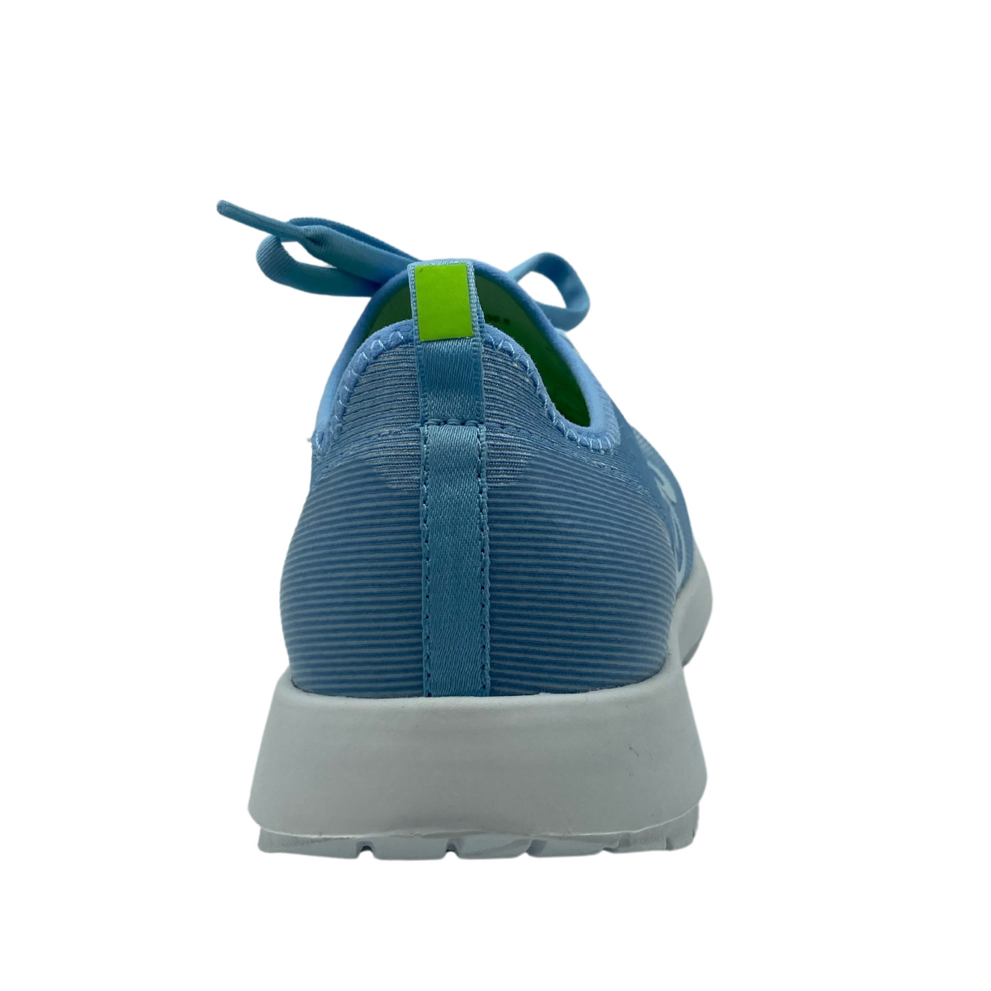 Hind view of heel of sneaker. Blue upper with blue and green pull tab and white sole