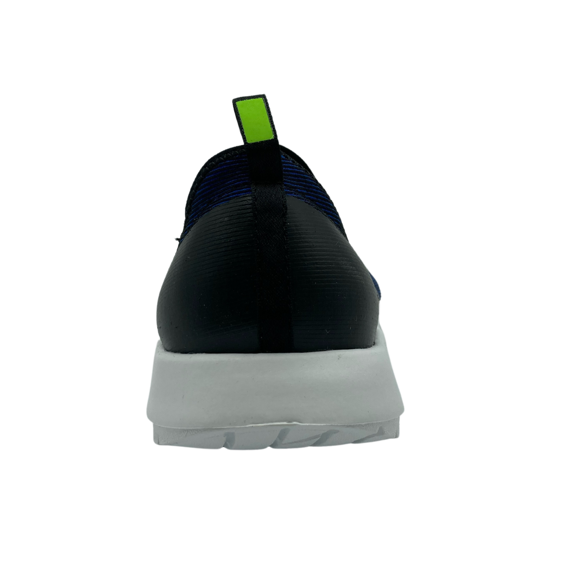 Hind view of black heel of navy blue sneaker with white sole