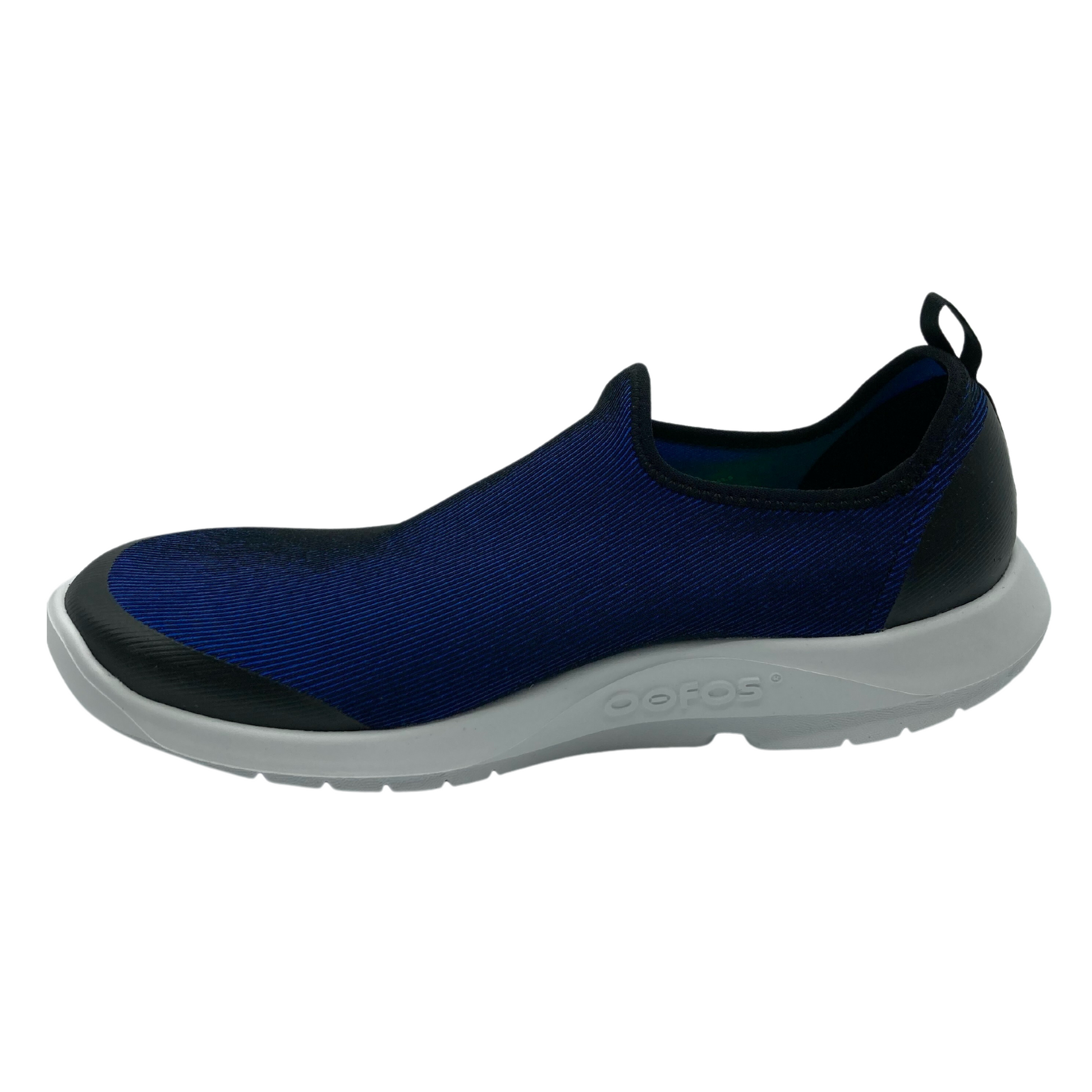 Left facing view of men's blue sneaker with white sole and black pull on tab