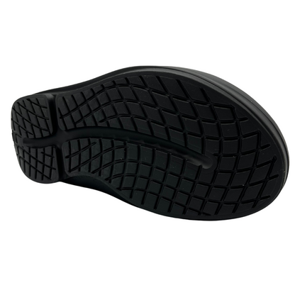 Bottom view of black platform sole slip on sandal with matte black double strap