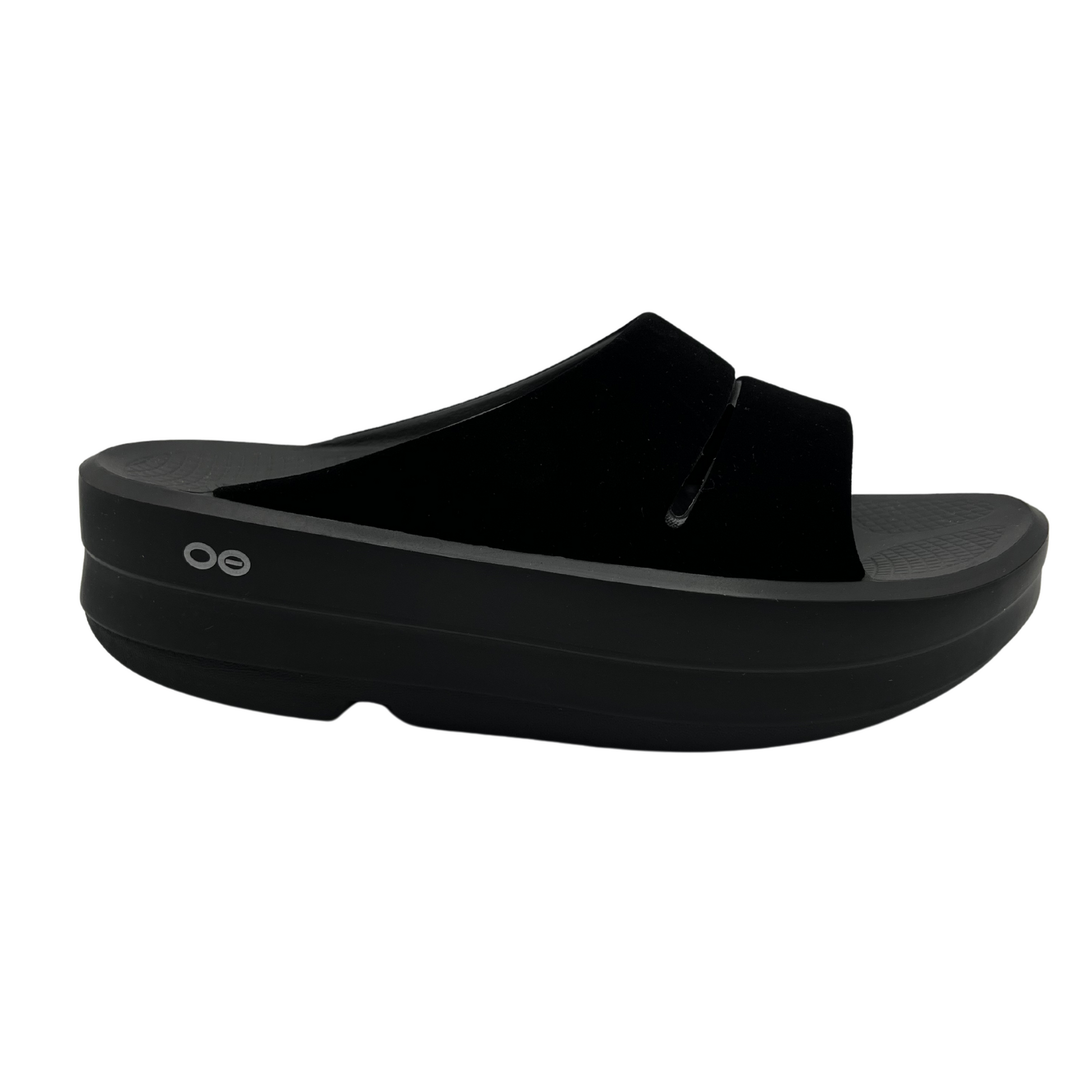 Right facing view of black platform sole slip on sandal with matte black double strap