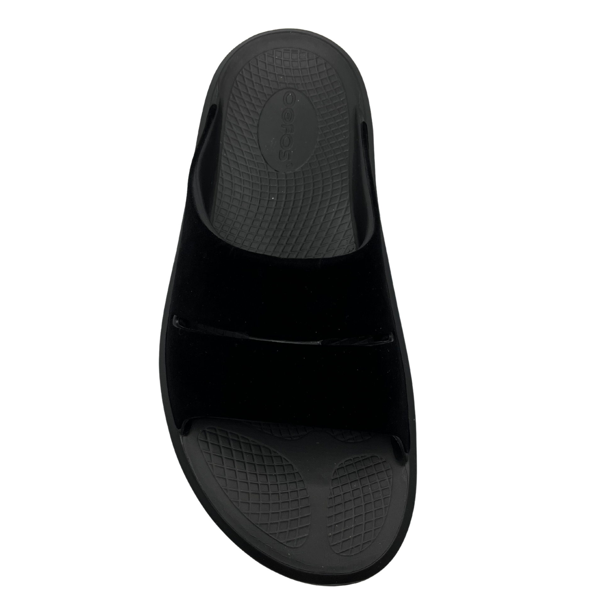 Top view of black platform sole slip on sandal with matte black double strap