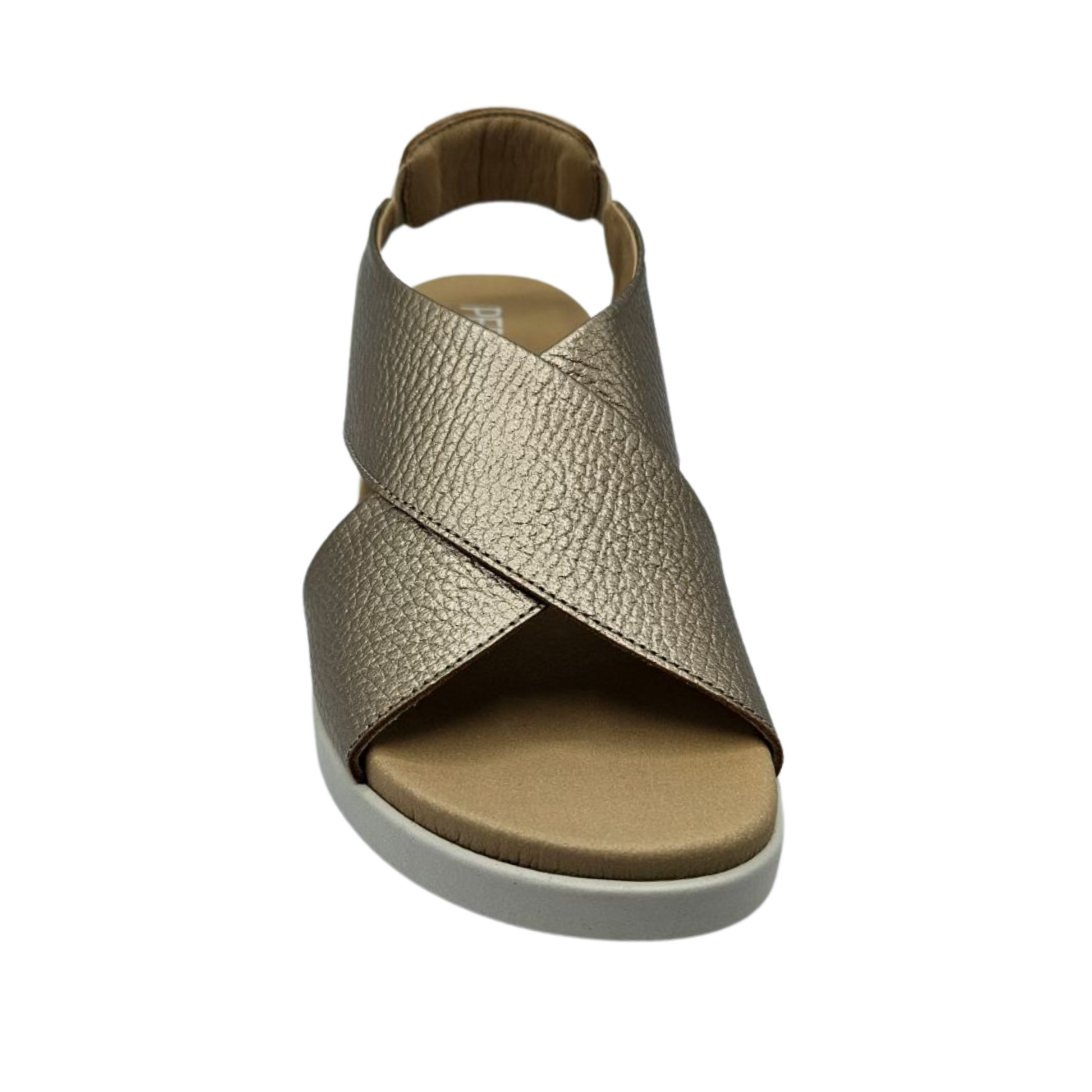 Front facing view of metallic gold leather sandal with crossed straps, white rubber outsole and elasticated back strap