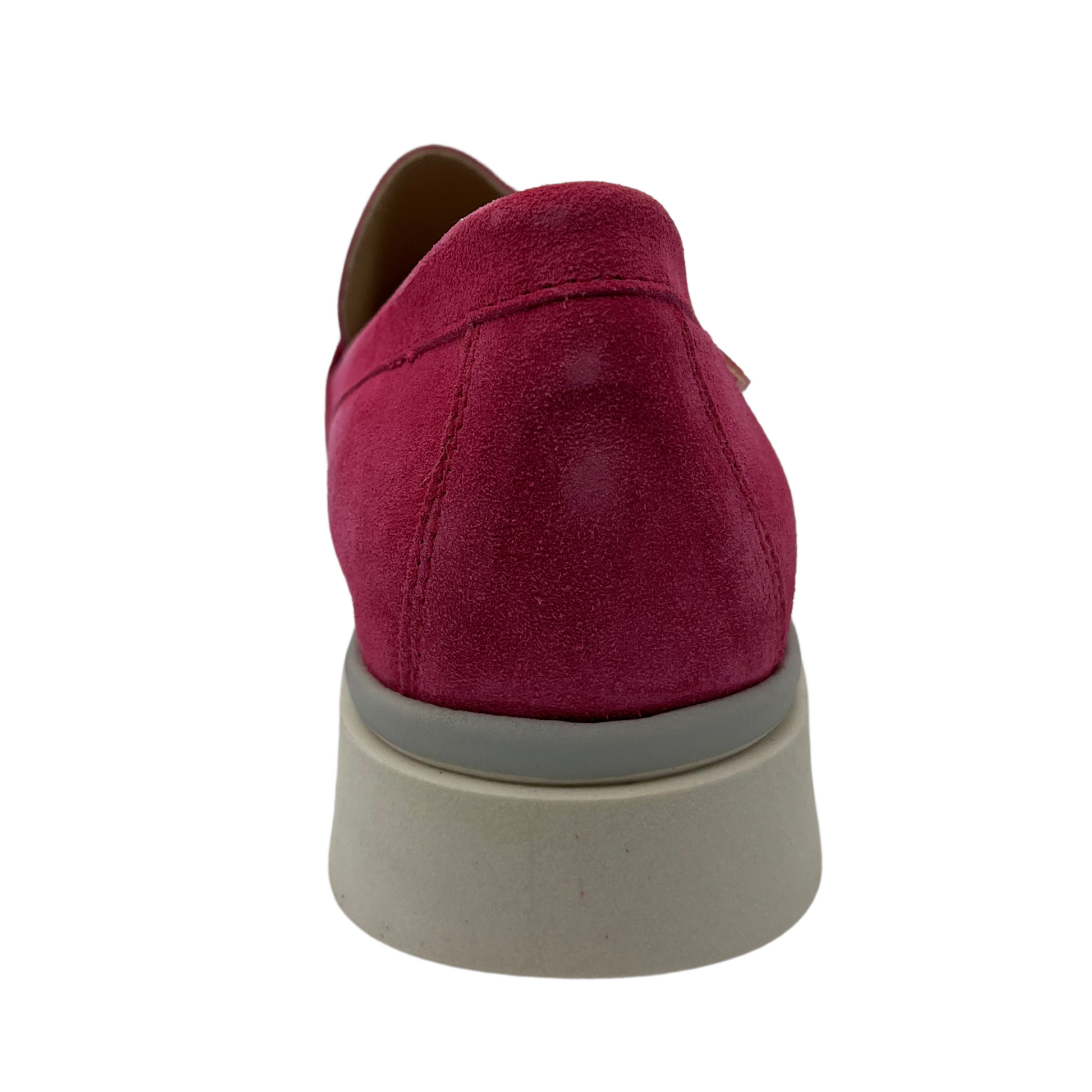 Back view of fuchsia suede loafer with white chunky sole