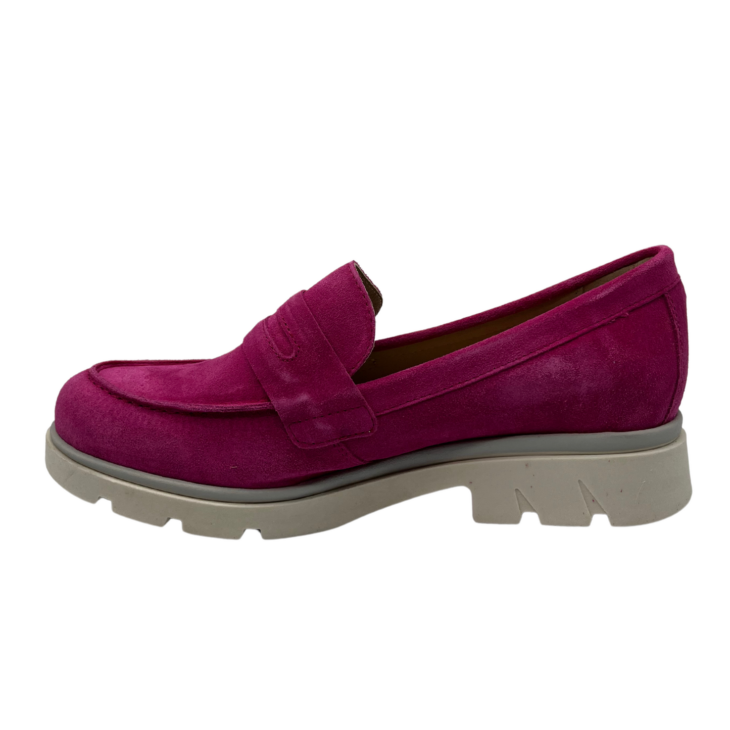 Left facing view of fuchsia loafer with chunky sole and low heel