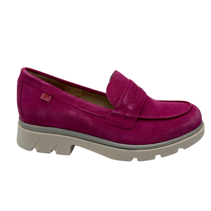Right facing view of fuchsia suede loafer with chunky outsole and low heel