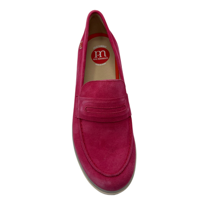 Top view of fuchsia suede loafer with chunky sole