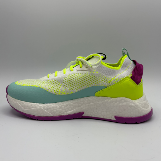 Multicolored sneaker with white, green, purple, and blue accents on a gray background