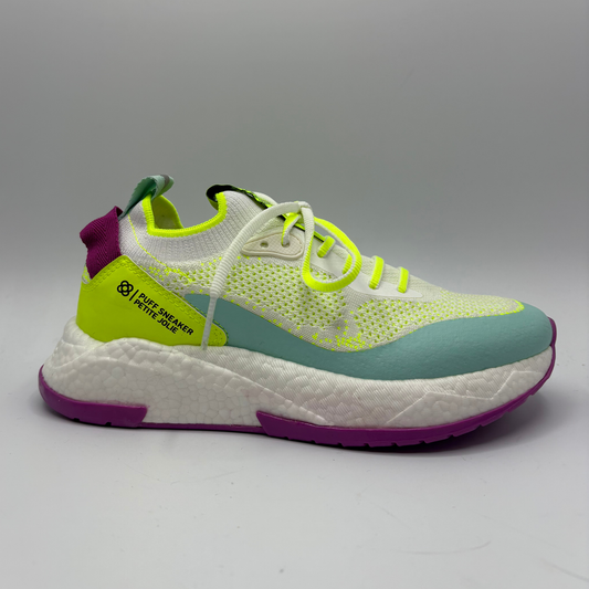 Multicolored sneaker with white, green, purple, and yellow accents on a gray background