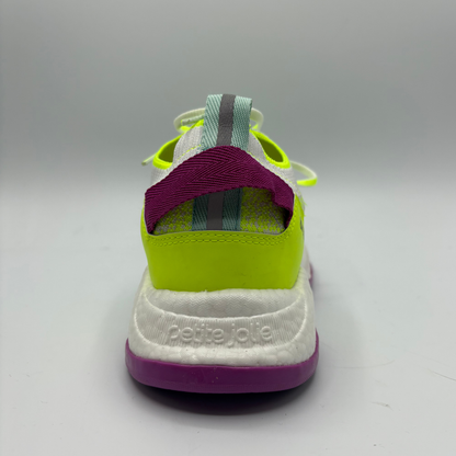 Green and purple sneaker with 'petite jolie' branding on a gray background