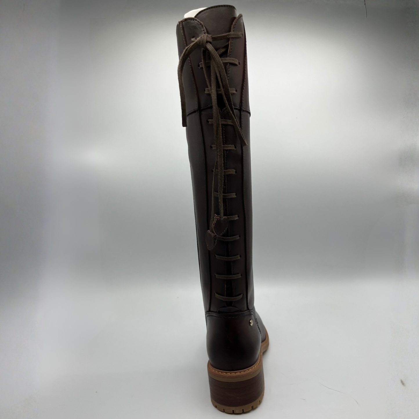 Brown knee-high boot on a gray background