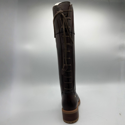 Brown knee-high boot on a gray background