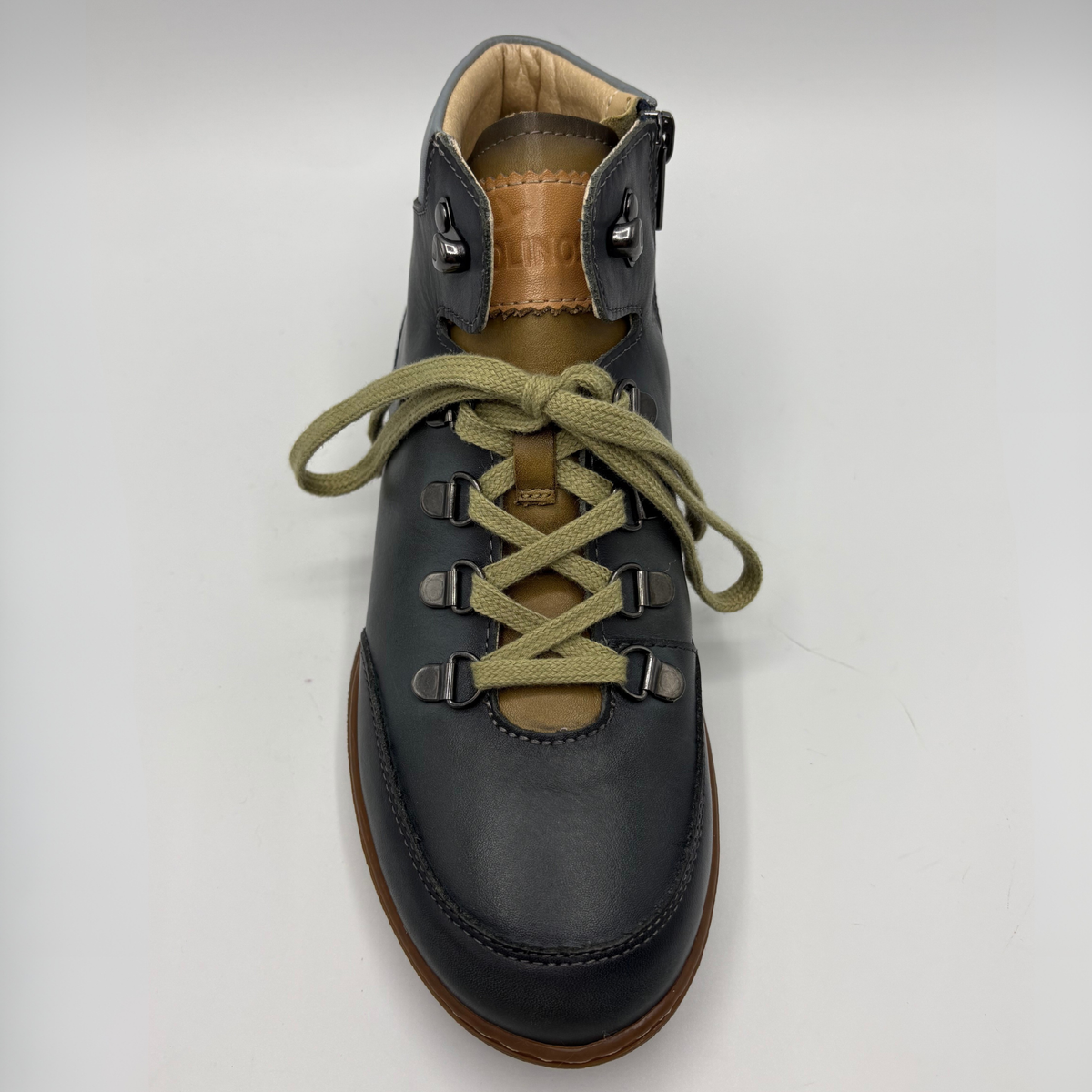 Top  view of a leather short boot with a lace up front and a side zipper closure