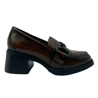 Side view of chunky heeled burgundy loafer