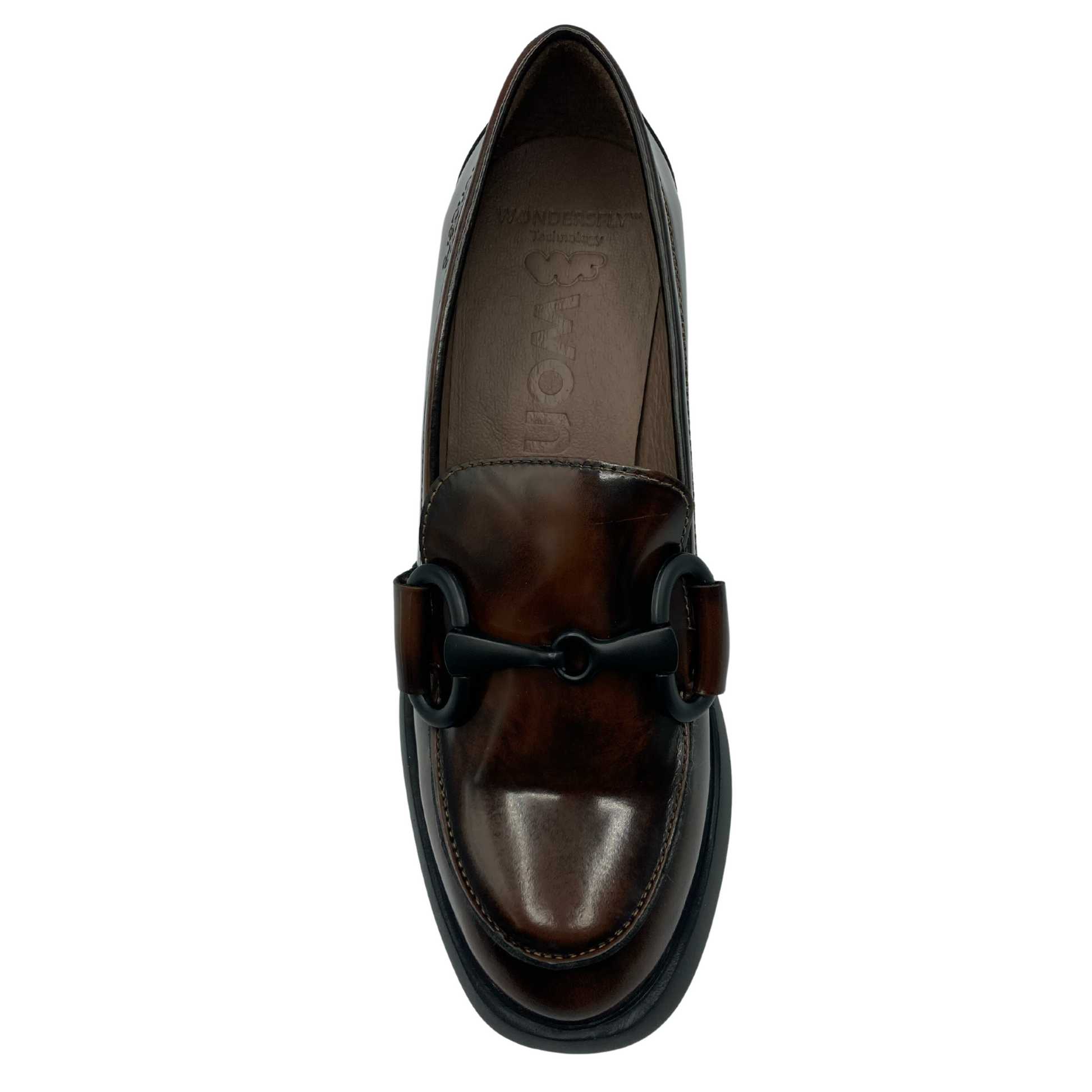 Top down view of glossy loafer with rounded toe and taupe coloured lining