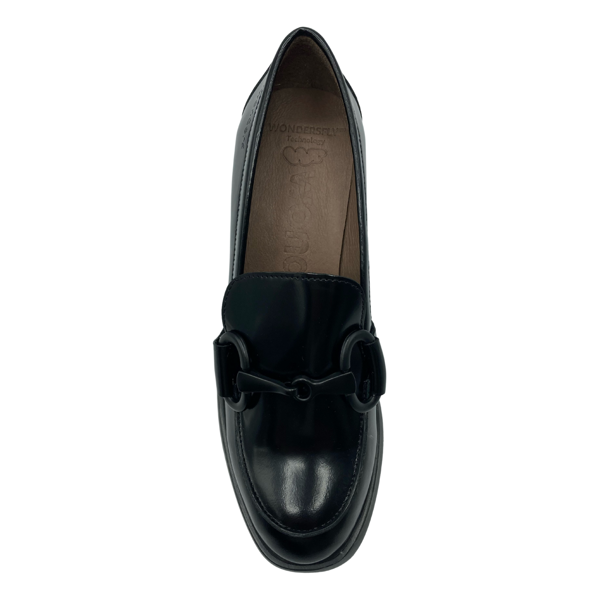 Top down view of black glossy loafer with taupe coloured lining